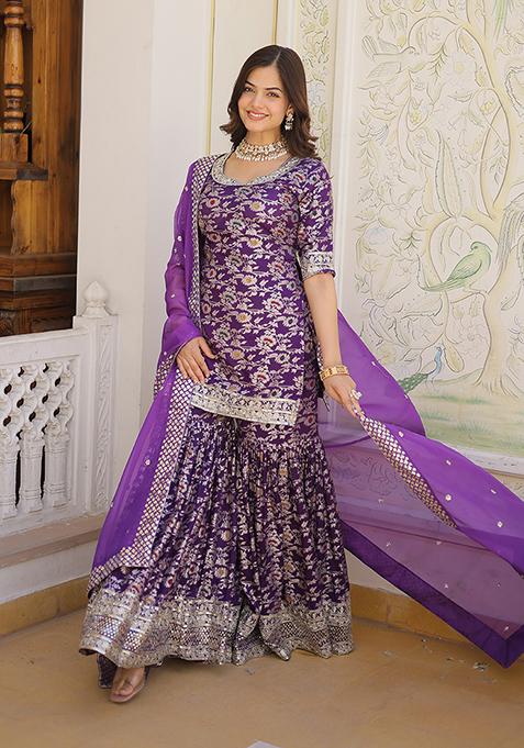 Women’s Purple Designer Rayon Slub Kurta Set Adorned with Sequin Embroidery main image 0