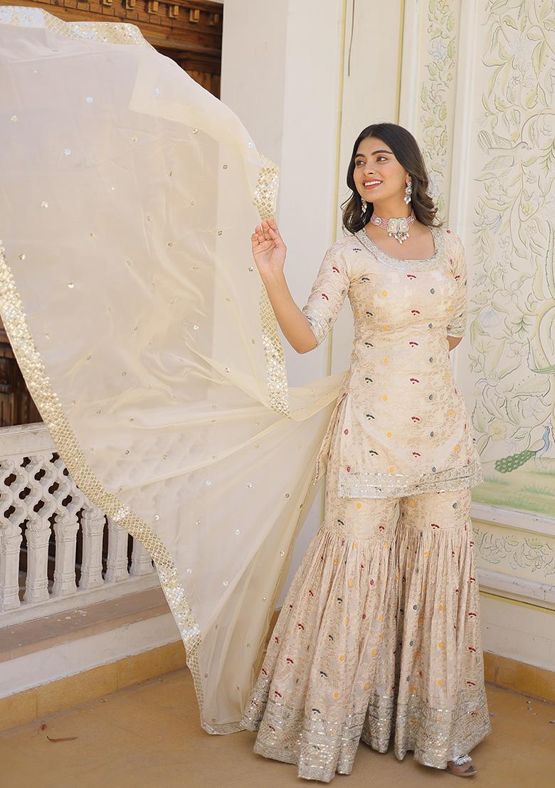 White Sequin Work Jacquard Kurta Set