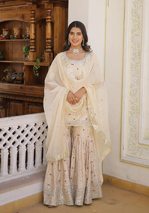 White Sequin Work Jacquard Kurta Set