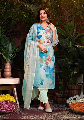 Sky Blue Resham Embroidered Cotton Kurta Set