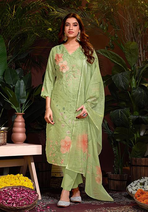 Green Resham Embroidered Cotton Kurta Set