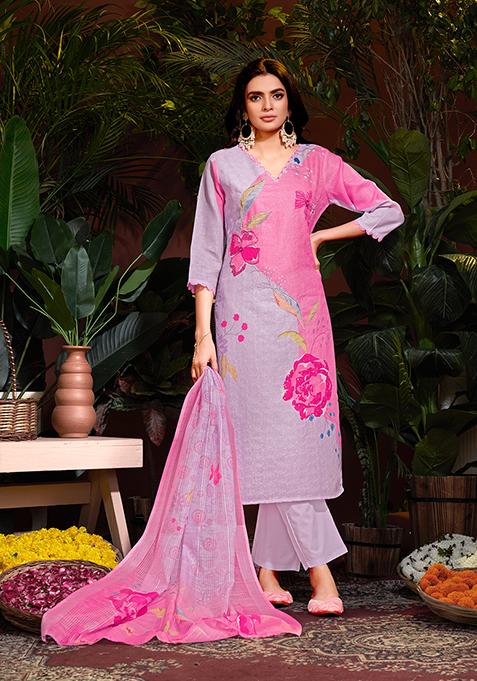 Pink Resham Embroidered Cotton Kurta Set