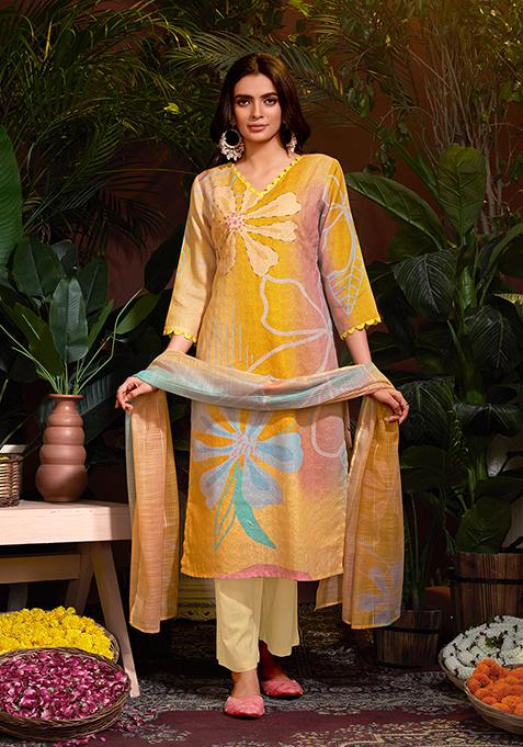 Mustard Resham Embroidered Cotton Kurta Set