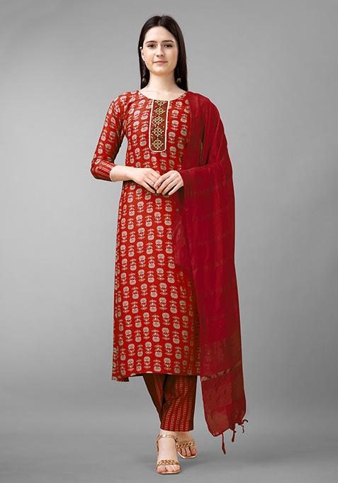 Maroon Resham Embroidered Rayon Kurta Set