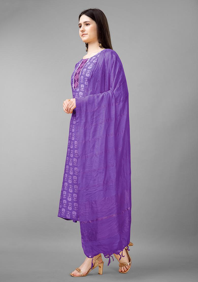 Purple Resham Embroidered Rayon Kurta Set