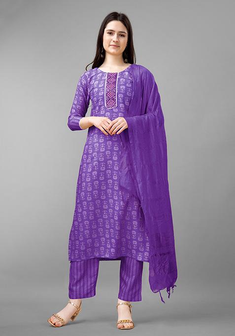 Purple Resham Embroidered Rayon Kurta Set