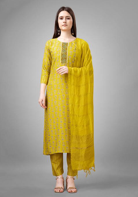 Yellow Resham Embroidered Rayon Kurta Set