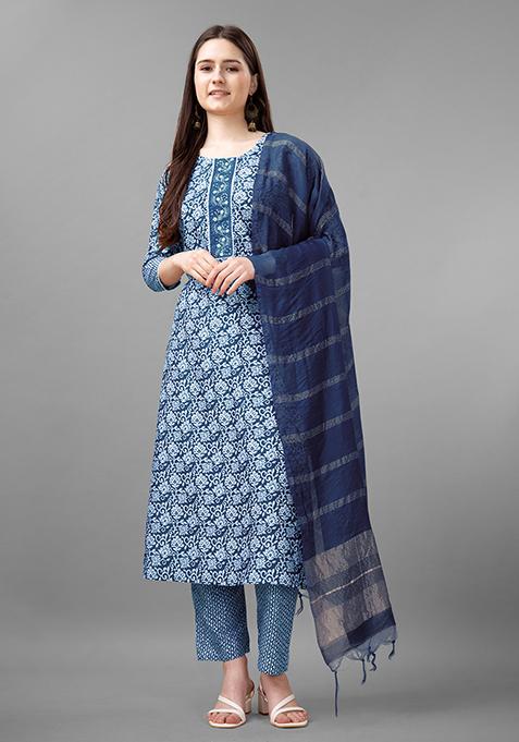 Blue Resham Embroidered Rayon Kurta Set