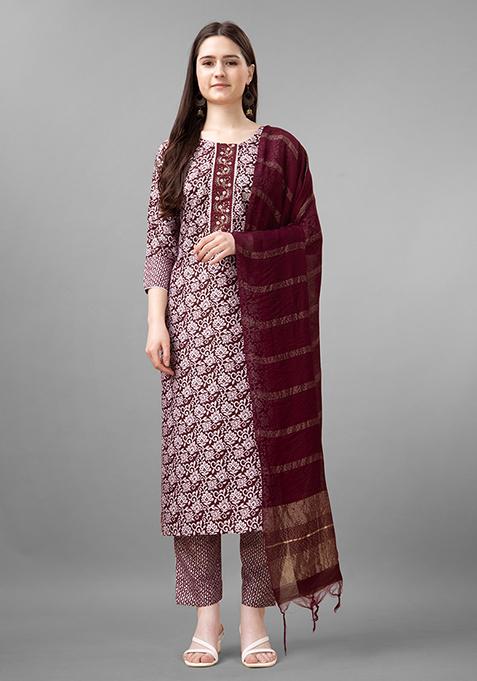 Maroon Resham Embroidered Rayon Kurta Set