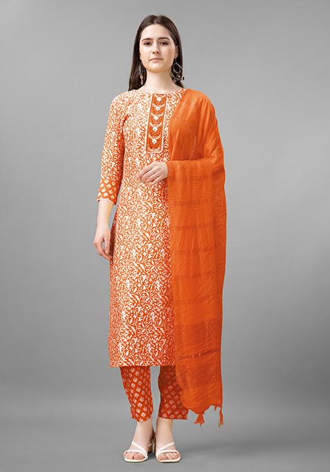 Orange Resham Embroidered Rayon Kurta Set