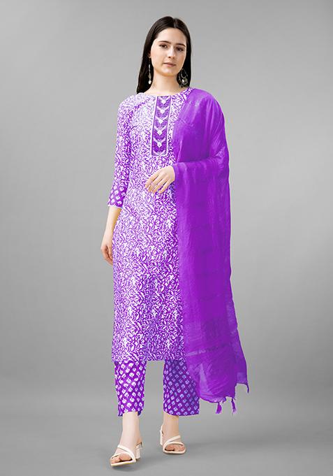 Purple Resham Embroidered Rayon Kurta Set