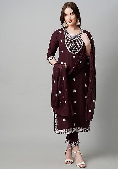 Wine Abstract Print Rayon Kurta Set