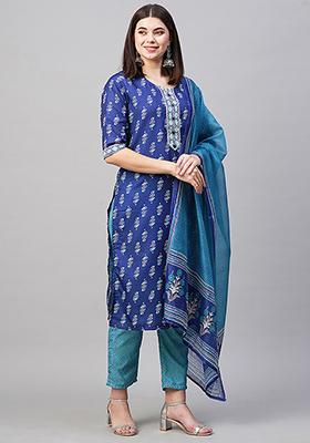 Blue Abstract Print Rayon Kurta Set
