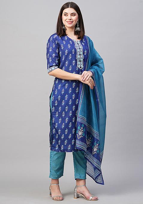 Blue Abstract Print Rayon Kurta Set