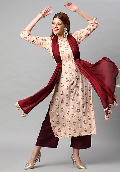 Cream Abstract Print Rayon Kurta Set