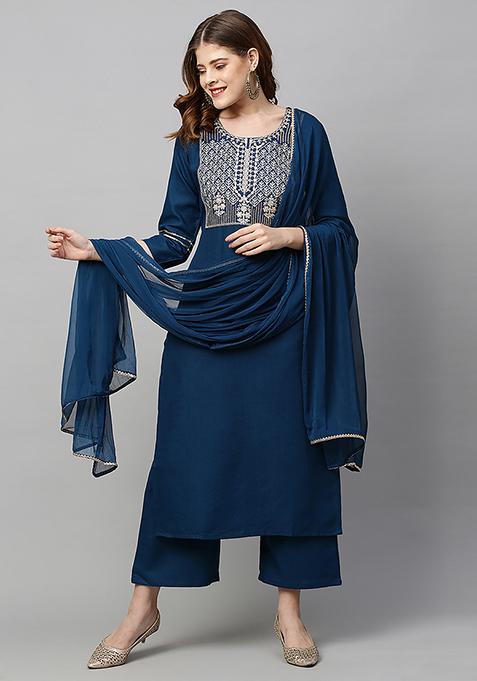 Blue Abstract Print Rayon Kurta Set