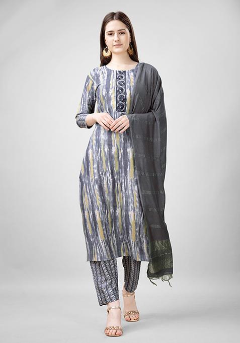 Grey Abstract Print Rayon Kurta Set