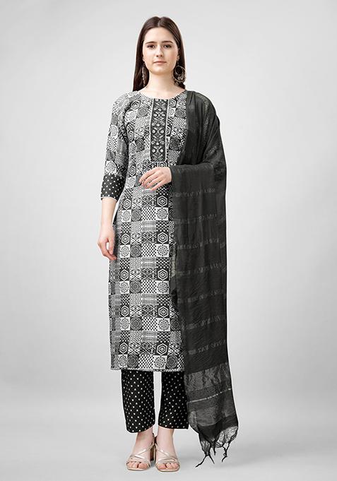 Black Abstract Print Rayon Kurta Set