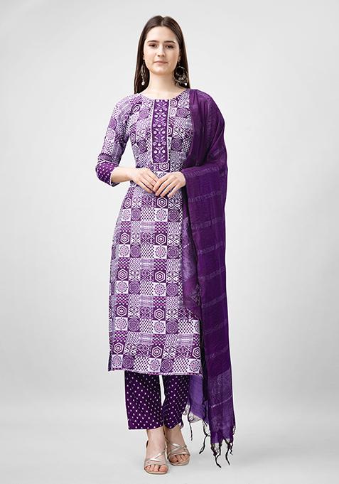 Purple Abstract Print Rayon Kurta Set