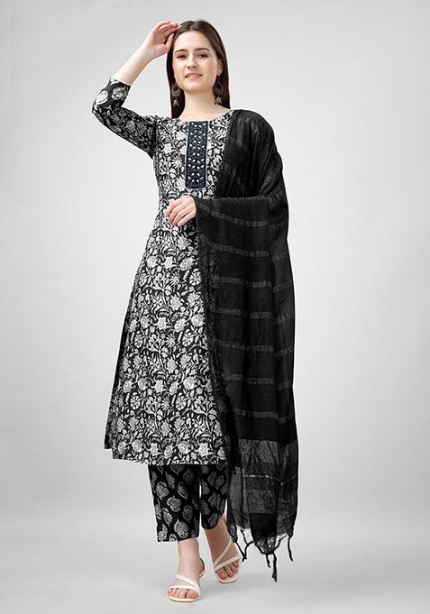 Black Abstract Print Rayon Kurta Set