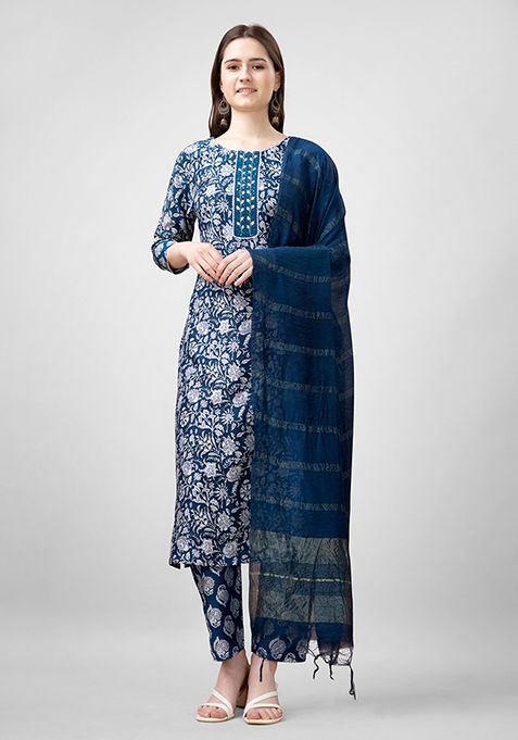 Teal Blue Abstract Print Rayon Kurta Set