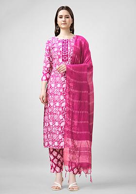 Pink Abstract Print Rayon Kurta Set