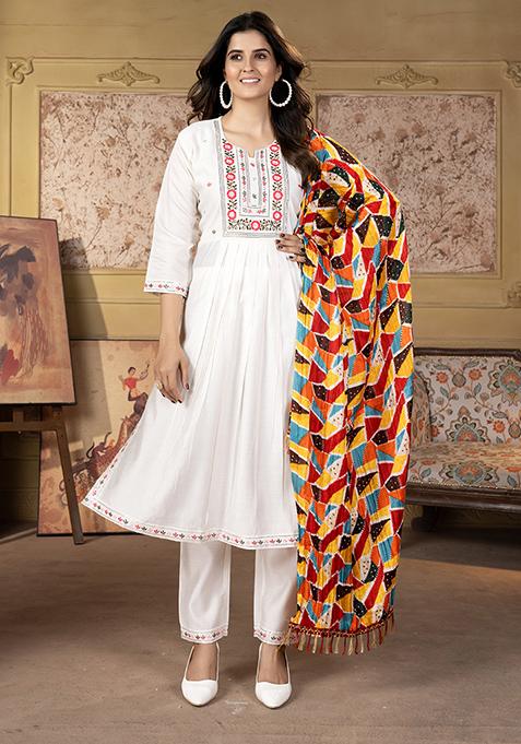 White Resham Embroidered Chanderi Kurta Set