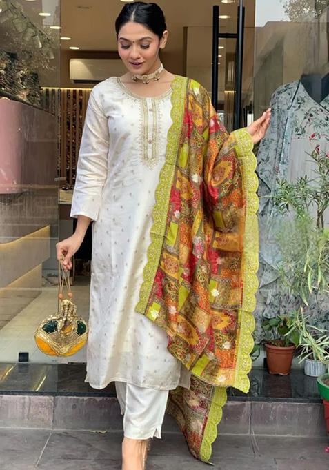 White Resham Embroidered Jacquard Kurta Set