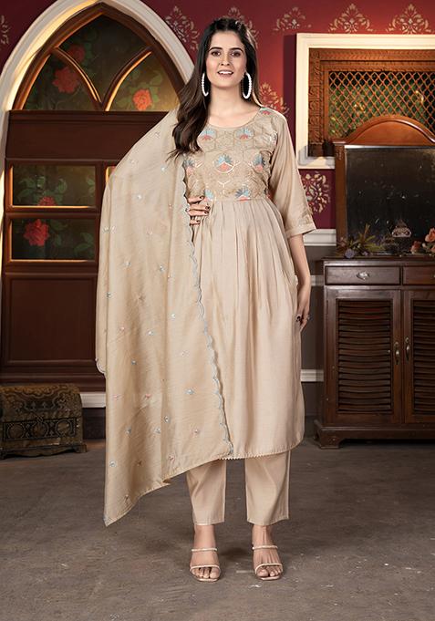 Beige Resham Embroidered Chanderi Kurta Set