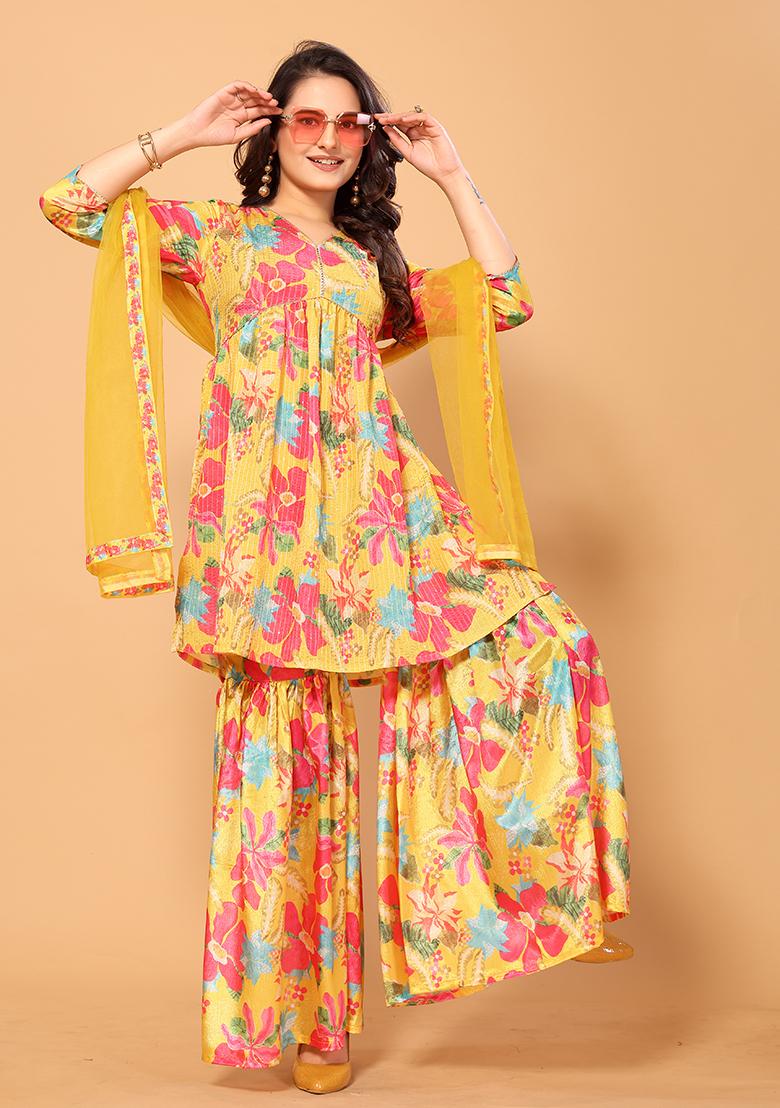 Yellow SeqYellow Sequin Work Viscose Sharara Setuin Work Viscose Kurta Set