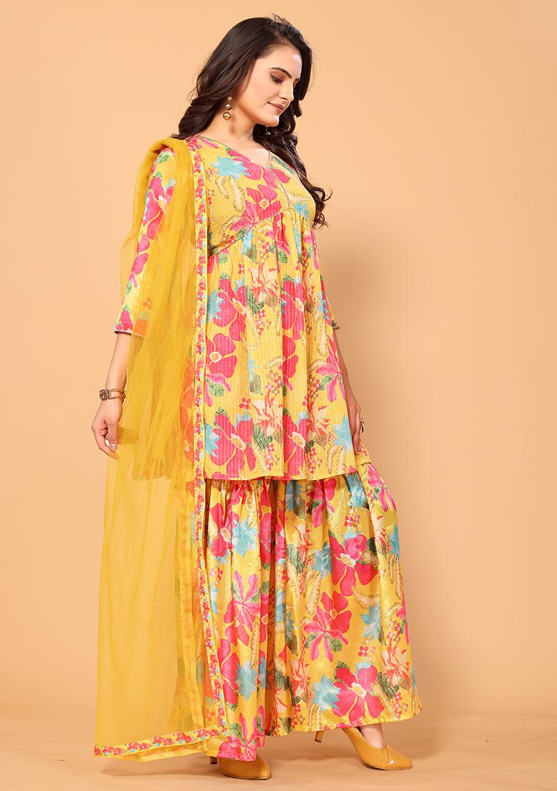 Yellow SeqYellow Sequin Work Viscose Sharara Setuin Work Viscose Kurta Set