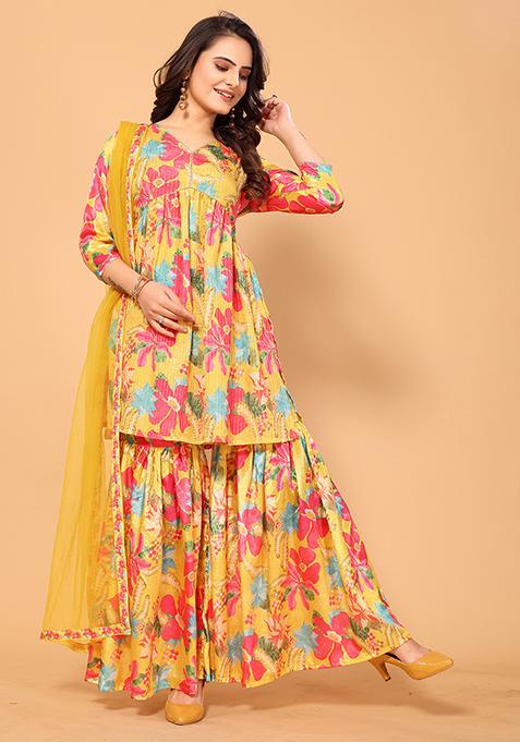 Yellow Sequin Work Viscose Sharara Set