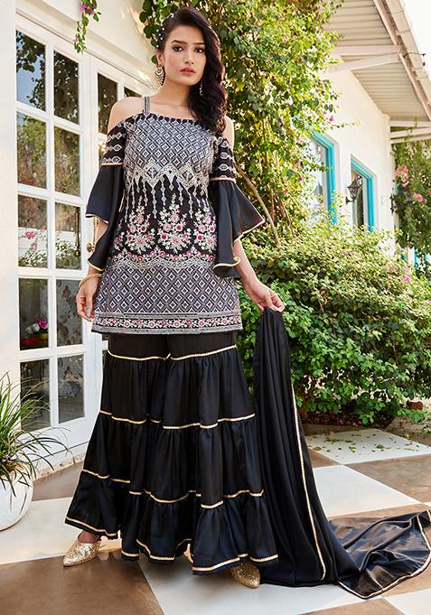 Black Abstract Print Cotton Kurta Set