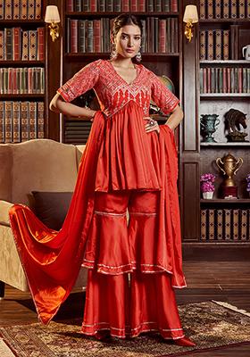 Red Abstract Print Cotton Kurta Set