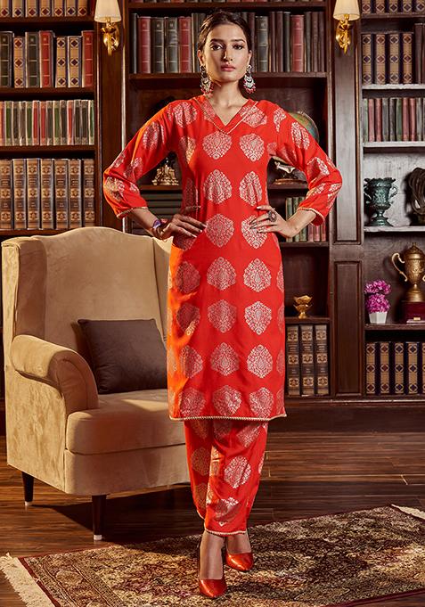 Red Abstract Print Rayon Kurta Set