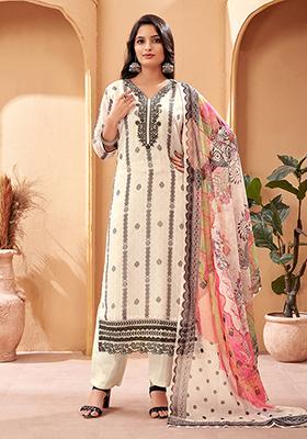 Off White Abstract Print Organza Kurta Set