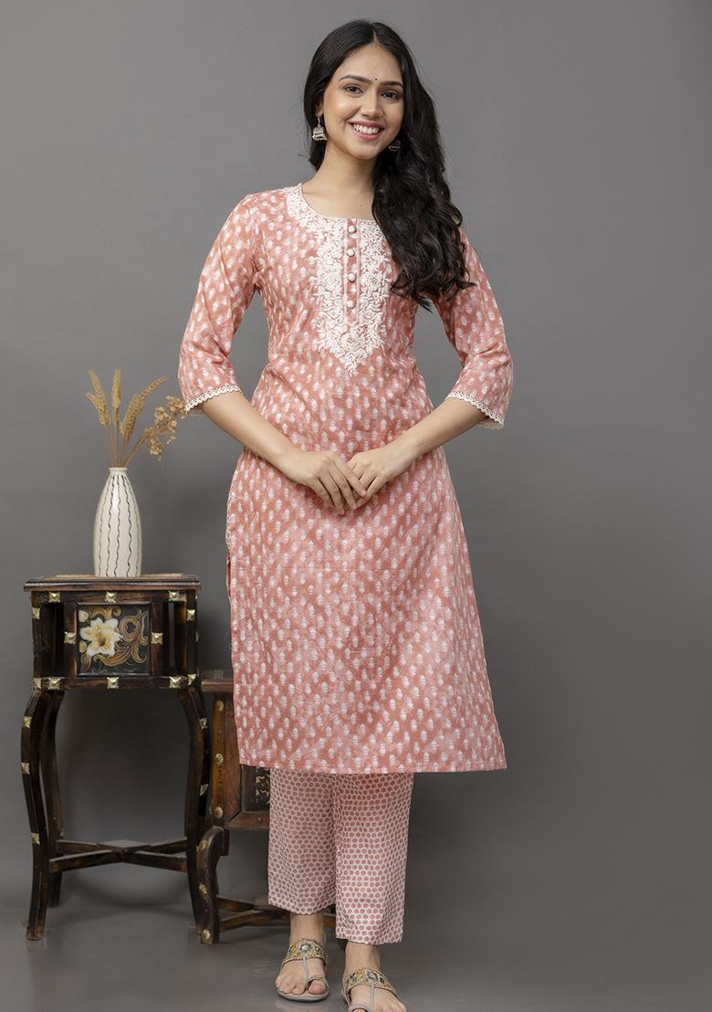 Peach Resham Embroidered Cotton Kurta Set