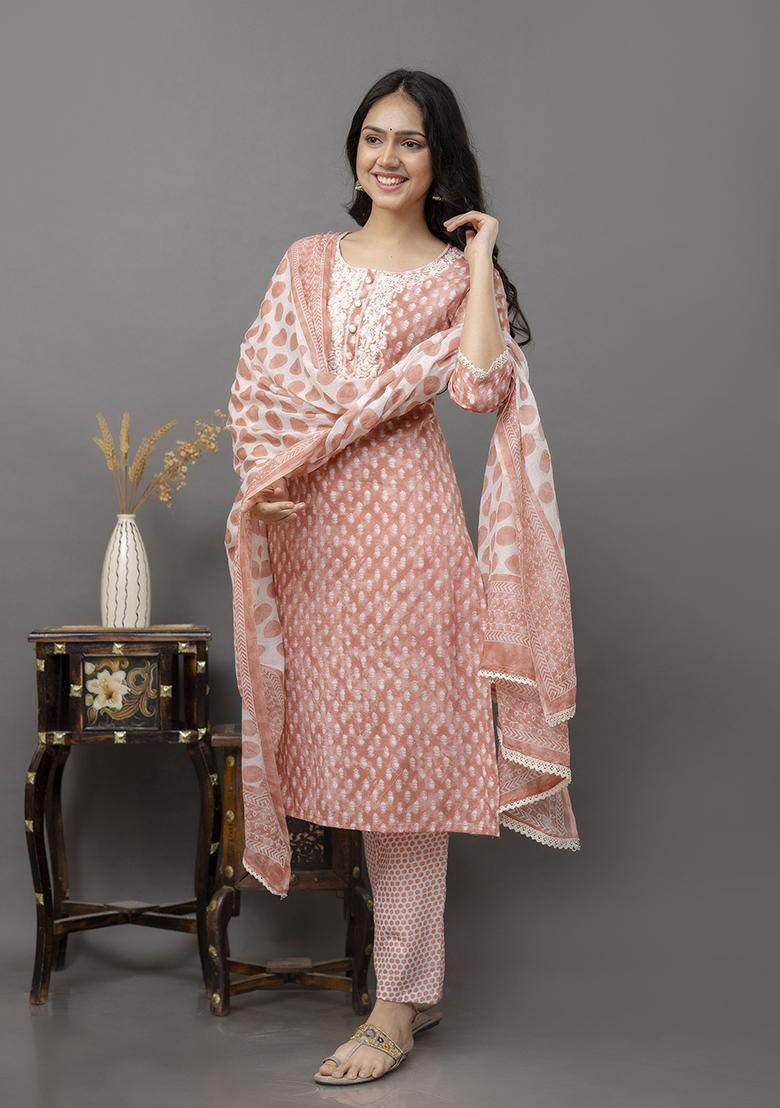 Peach Resham Embroidered Cotton Kurta Set