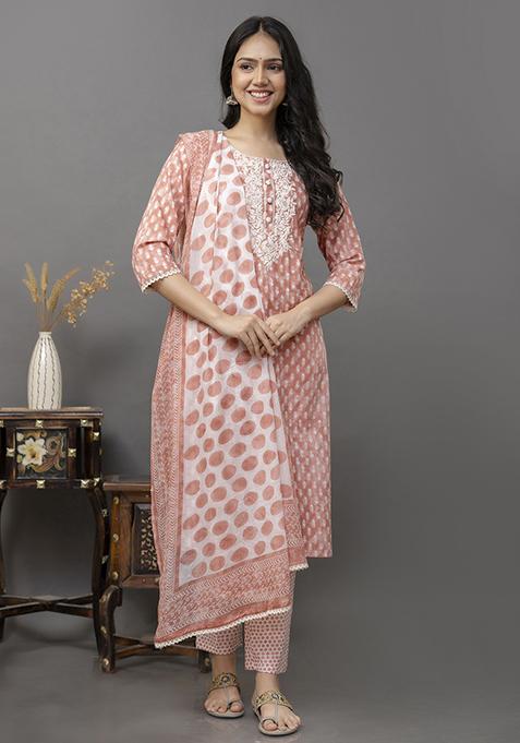 Peach Resham Embroidered Cotton Kurta Set