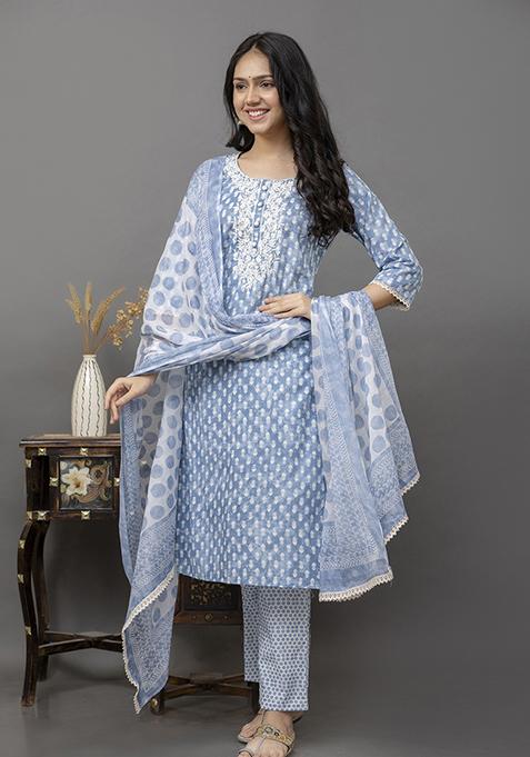 Blue Resham Embroidered Cotton Kurta Set