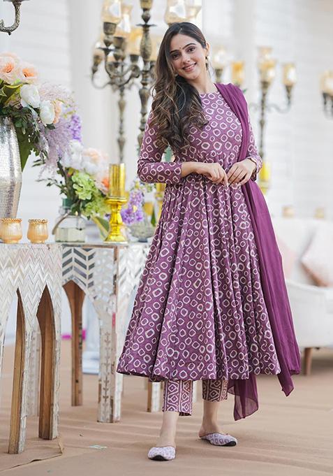 Purple Abstract Print Silk Kurta Set