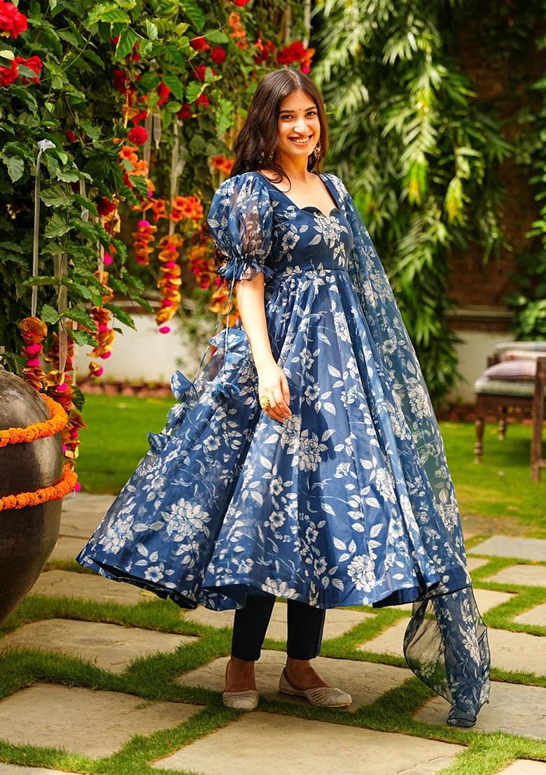 Blue Abstract Print Silk Kurta Set