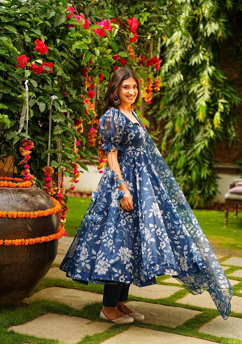 Blue Abstract Print Silk Kurta Set