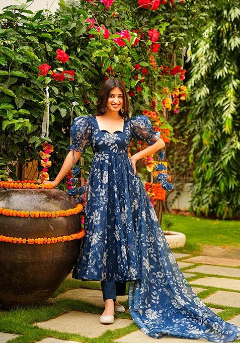 Blue Abstract Print Silk Kurta Set