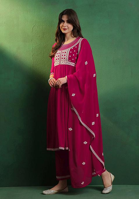 Pink Zari Embroidered Georgette Kurta Set