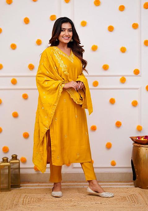 Mustard Zari Embroidered Chanderi Kurta Set