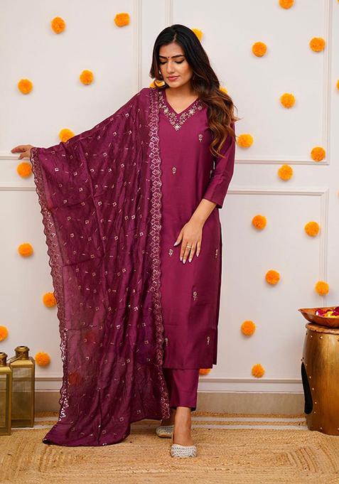 Wine Zari Embroidered Chanderi Kurta Set