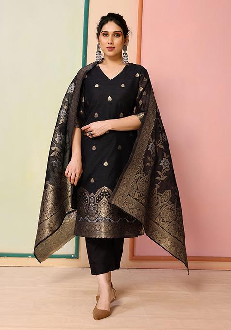 Black Zari Woven Chanderi Kurta Set