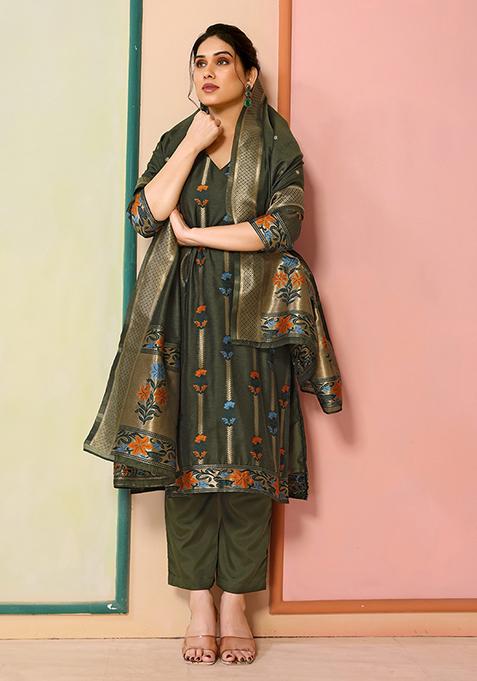 Green Zari Woven Chanderi Kurta Set