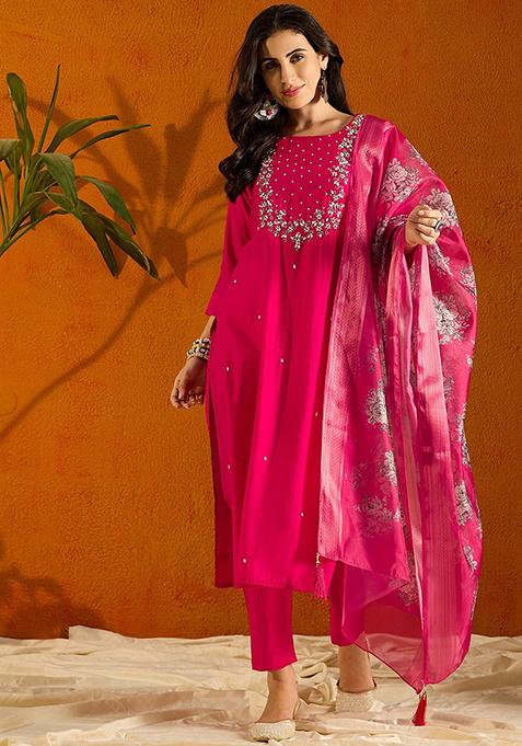 Pink Abstract Print Chanderi Kurta Set